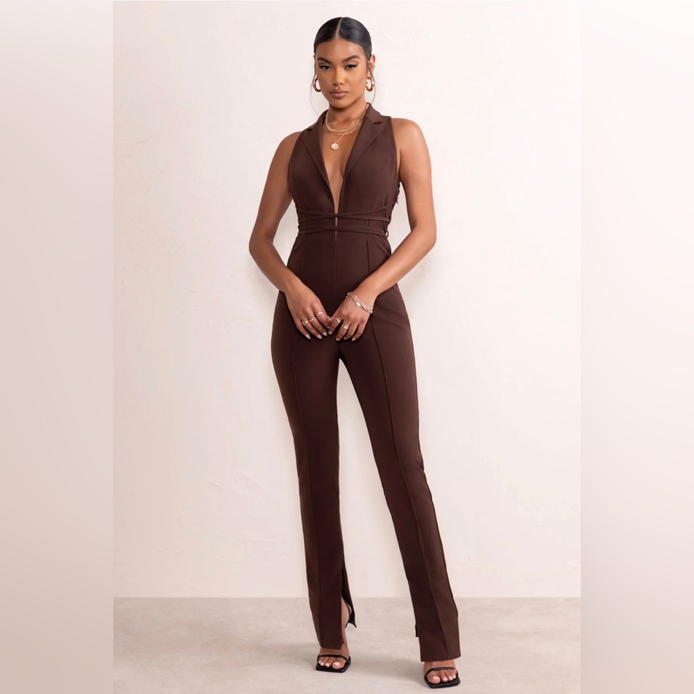 Club l London CHOCOLATE BROWN PLUNGE NECK TAILORED JUMPSUIT WITH TIE DETAIL